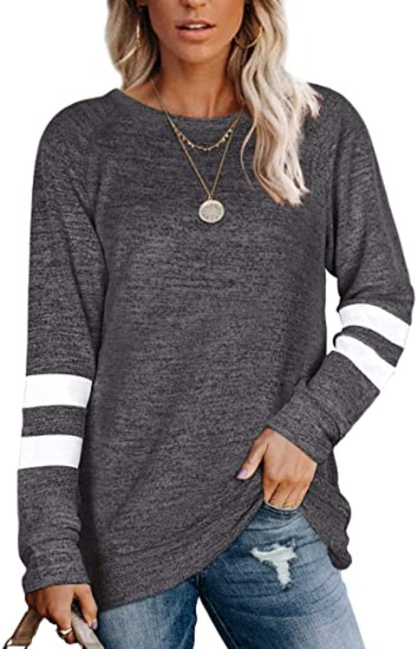 Cross-border long-sleeved stitching round neck casual printed T-shirt top