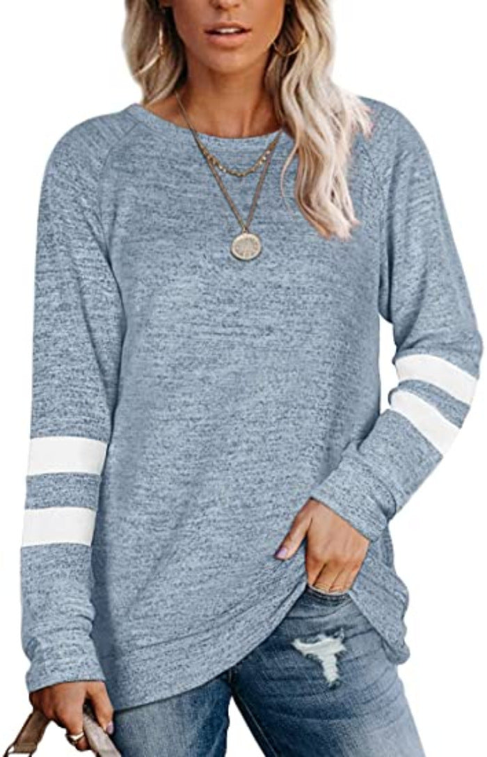 Cross-border long-sleeved stitching round neck casual printed T-shirt top