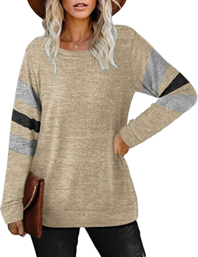 Cross-border long-sleeved stitching round neck casual printed T-shirt top