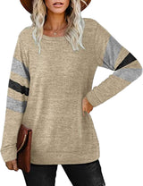 Cross-border long-sleeved stitching round neck casual printed T-shirt top