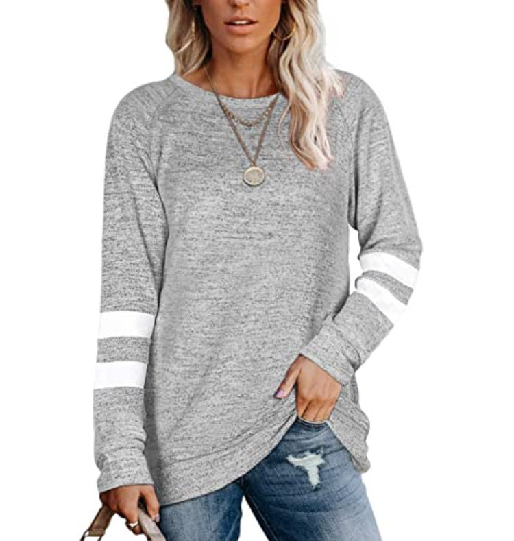 Cross-border long-sleeved stitching round neck casual printed T-shirt top