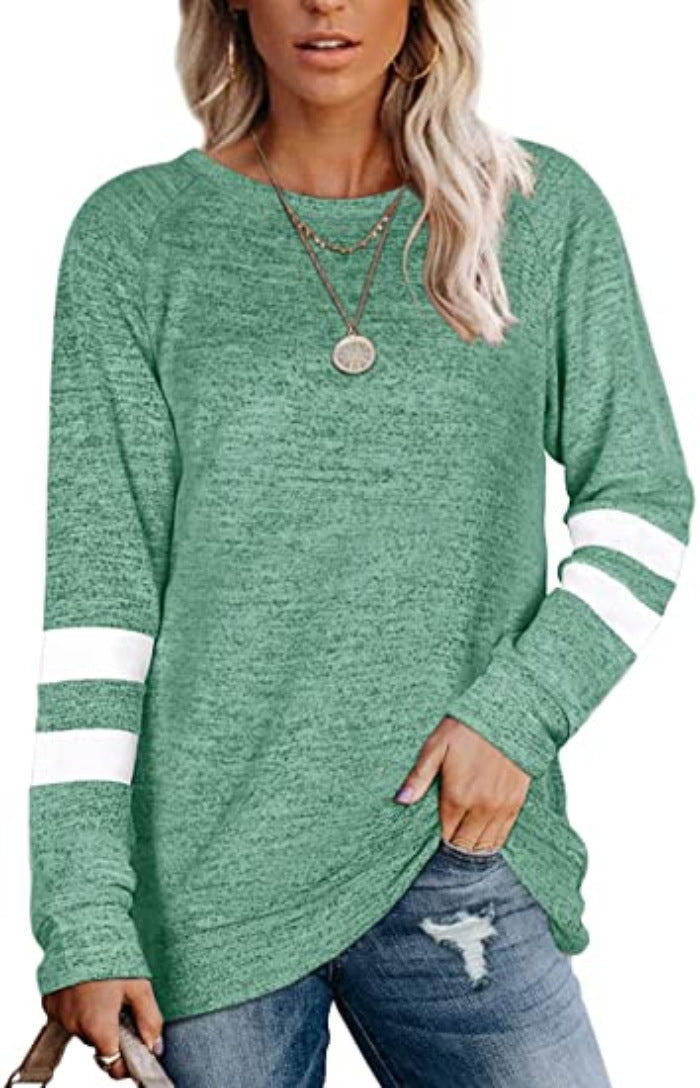 Cross-border long-sleeved stitching round neck casual printed T-shirt top