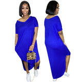 New fashion solid color double-pocket V-neck split loose version dress