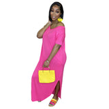 New fashion solid color double-pocket V-neck split loose version dress