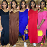 New fashion solid color double-pocket V-neck split loose version dress