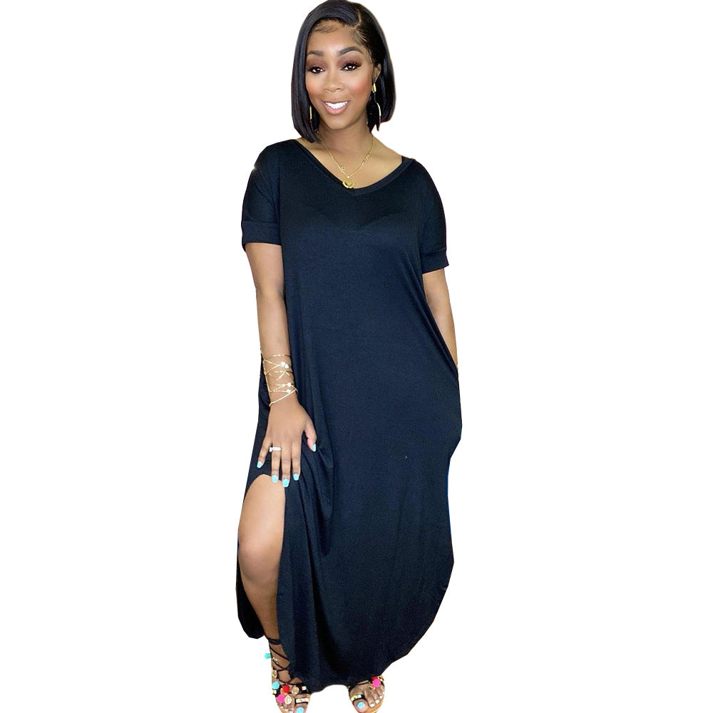 New fashion solid color double-pocket V-neck split loose version dress