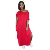 New fashion solid color double-pocket V-neck split loose version dress