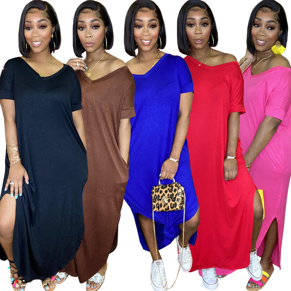 New fashion solid color double-pocket V-neck split loose version dress