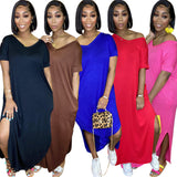 New fashion solid color double-pocket V-neck split loose version dress