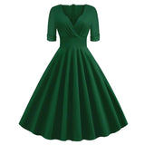 Green Solid Rockabilly S Vintage Ruched V Neck Party Dresses
