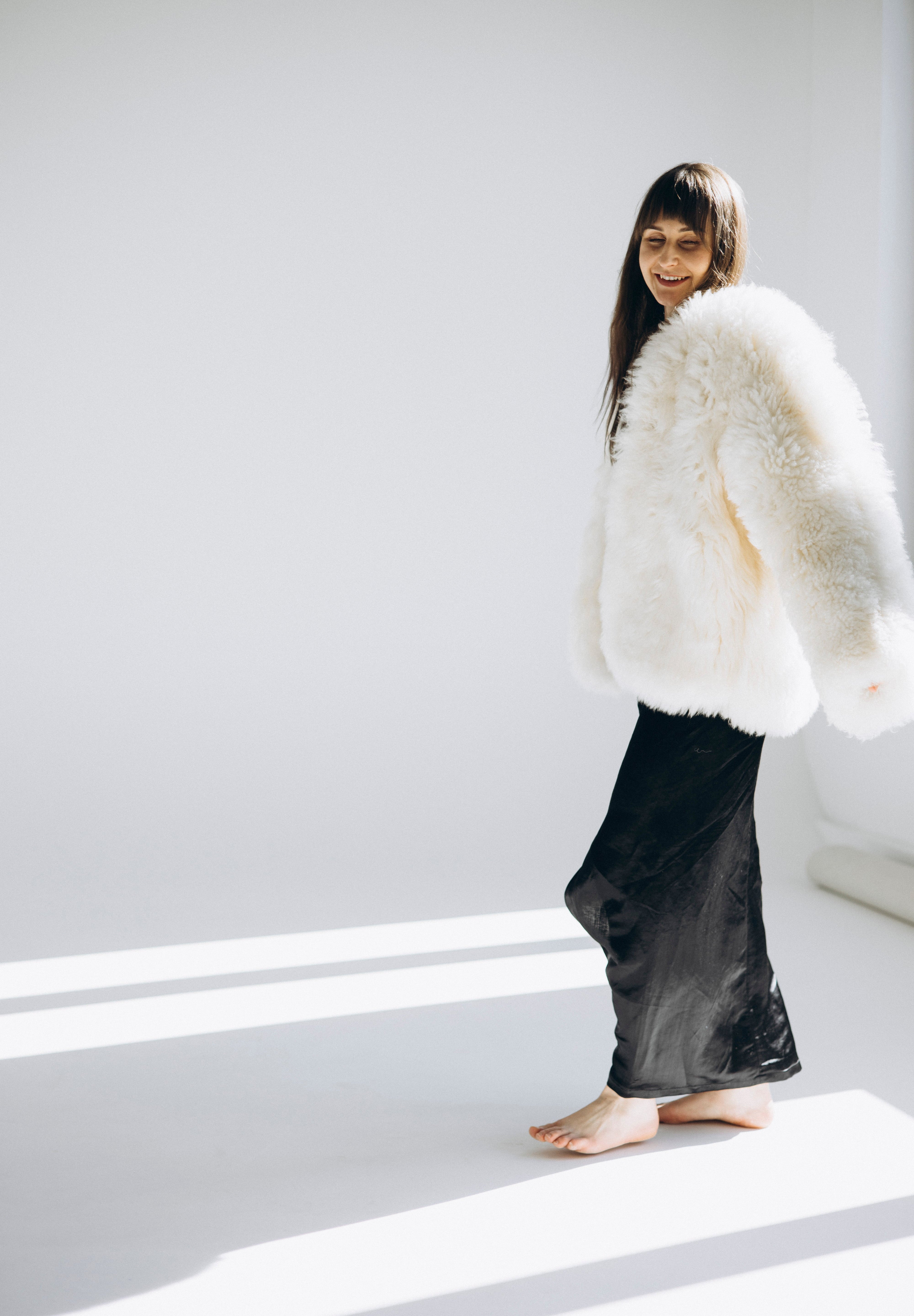 Sheepskin Fur / Coat with Burgundy Silk Lining - White