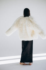 Sheepskin Fur / Coat with Burgundy Silk Lining - White