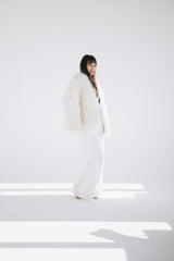 Sheepskin Fur / Coat with Burgundy Silk Lining - White