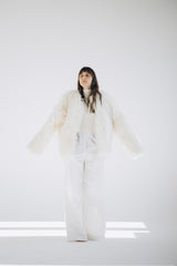 Sheepskin Fur / Coat with Burgundy Silk Lining - White