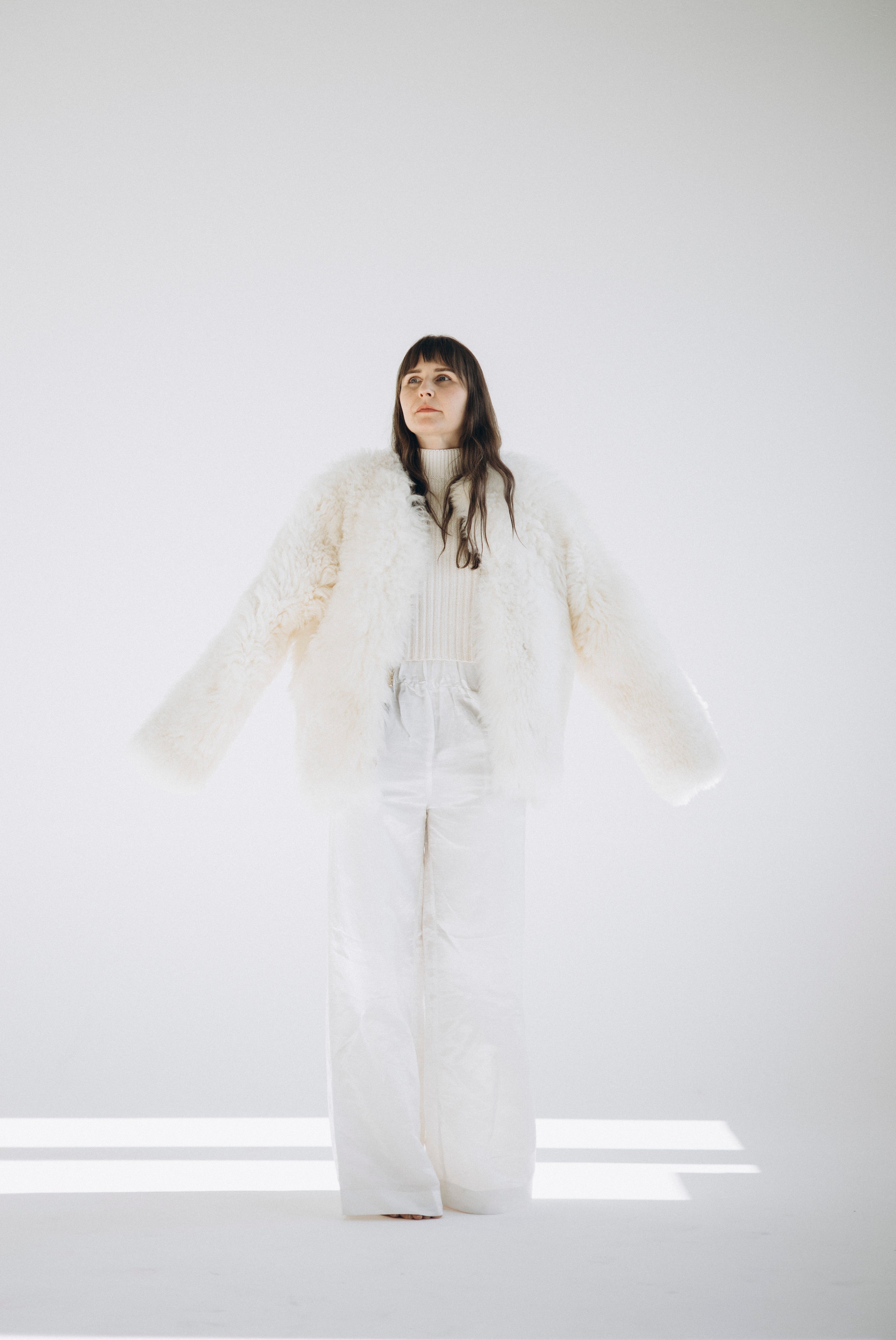 Sheepskin Fur / Coat with Burgundy Silk Lining - White