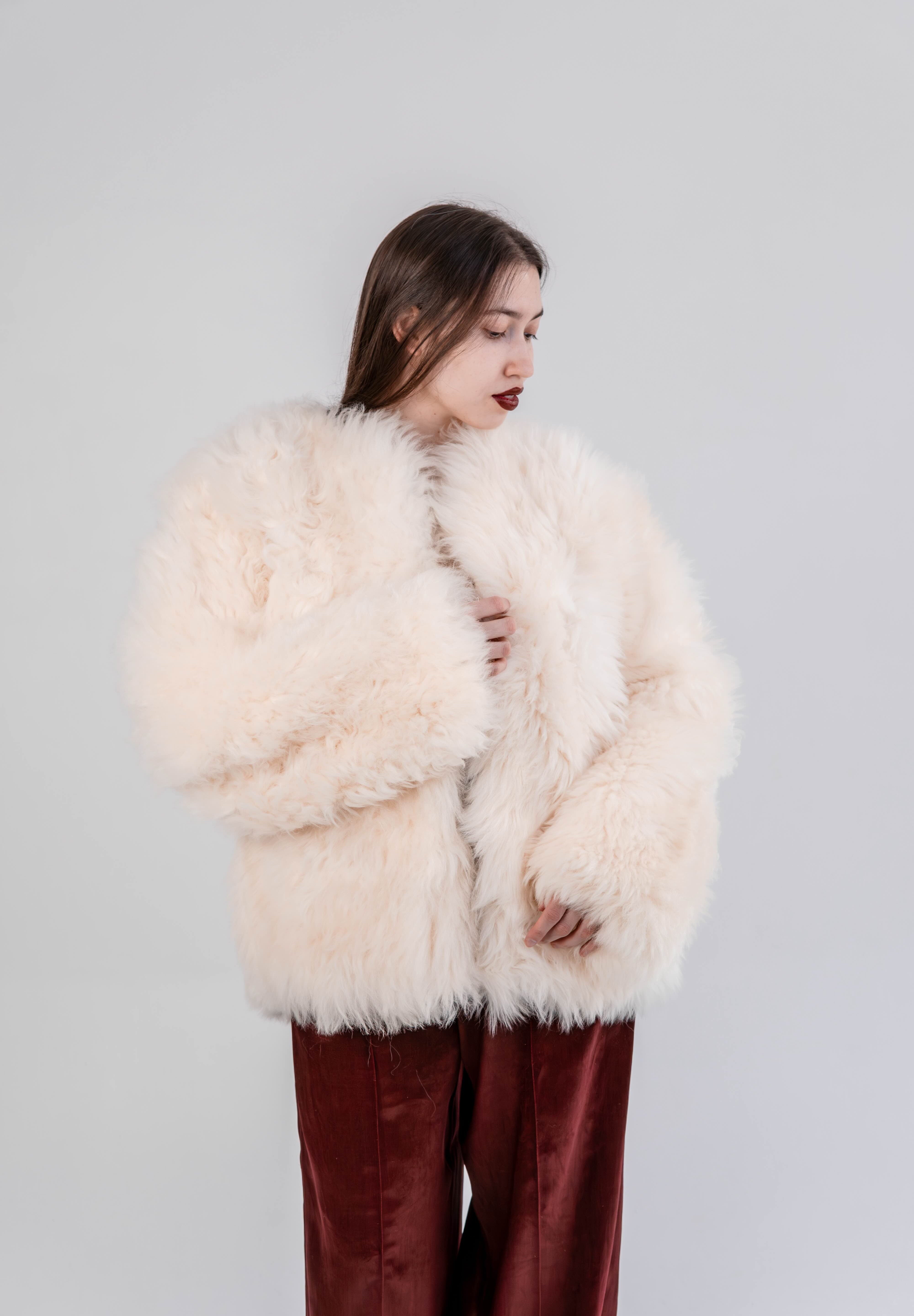 Sheepskin Fur / Coat with Burgundy Silk Lining - White